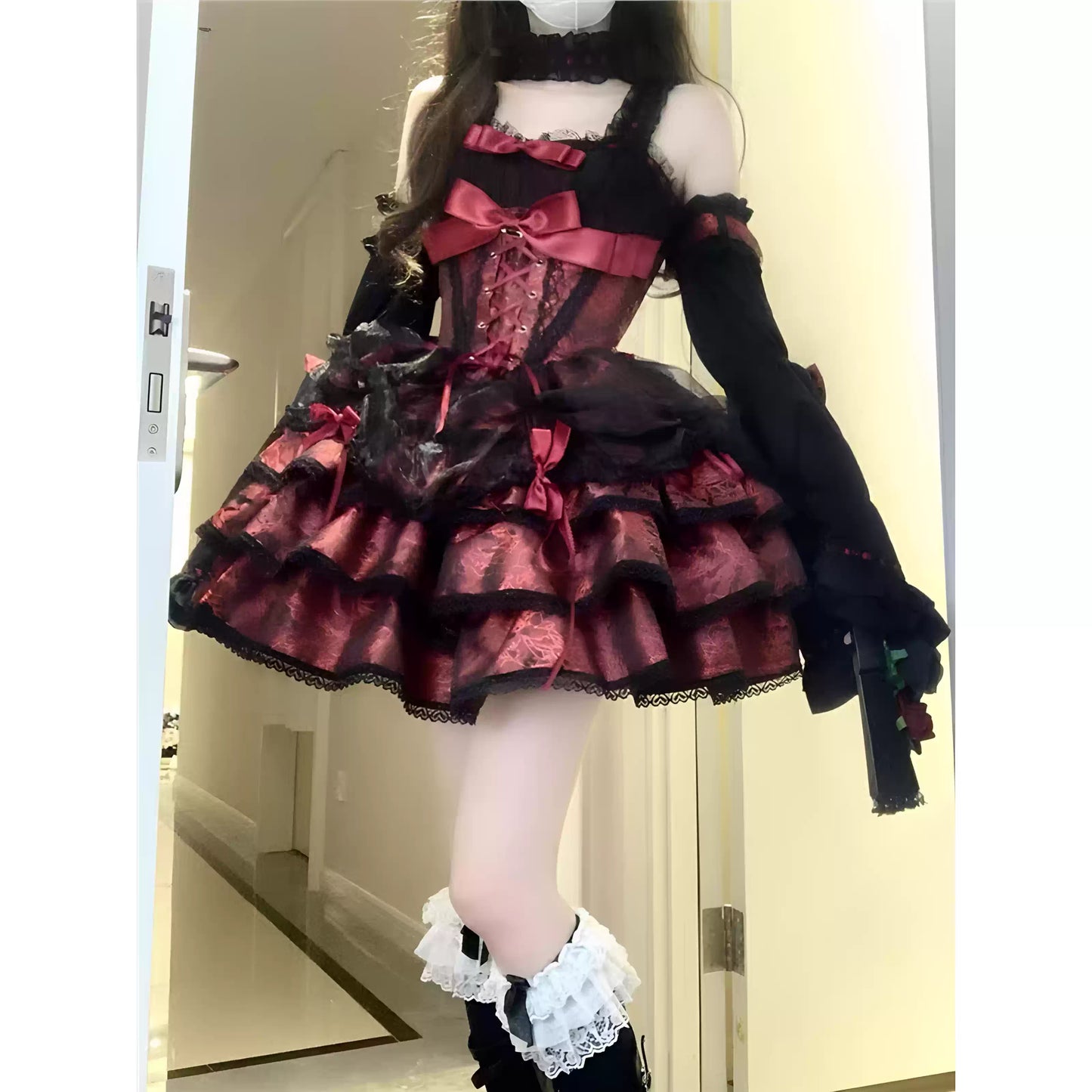 Kırmızı Siyah Lolita Elbise Seti