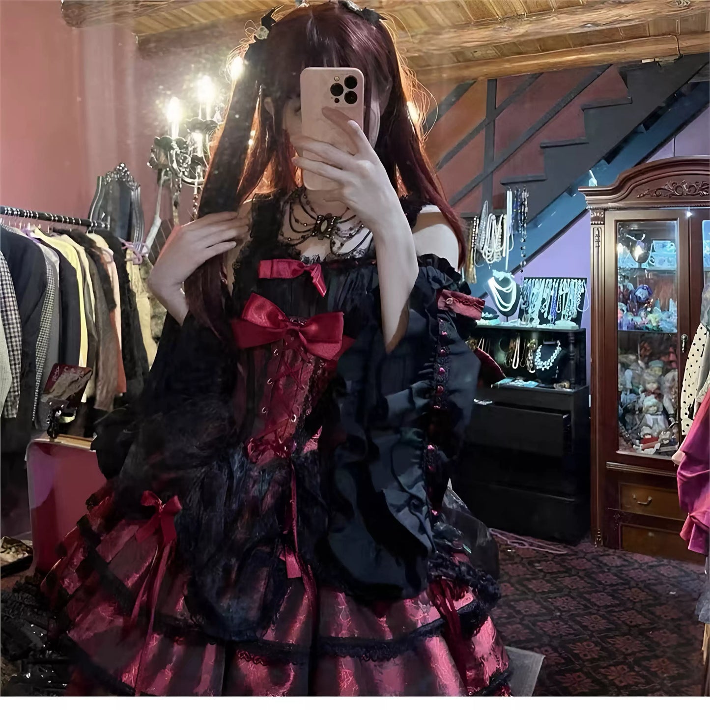 Kırmızı Siyah Lolita Elbise Seti