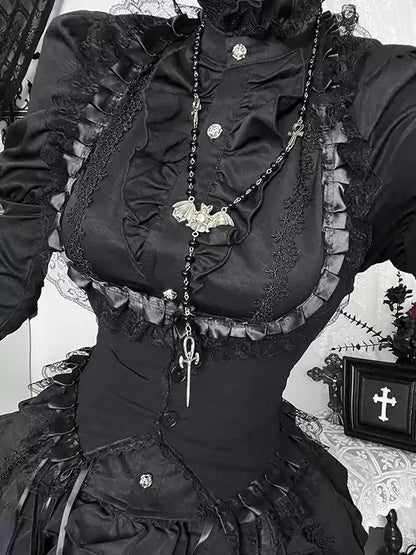 Gotik Dantel Detaylı Üst, Yelek ve Katlı Etek Üçlü Takımı