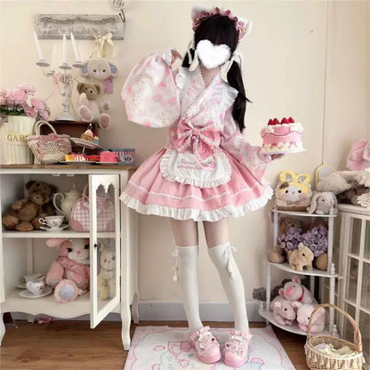 Çilek Desenli Fırfırlı Kimono Elbise