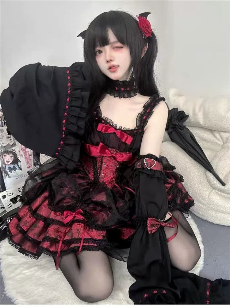 Kırmızı Siyah Lolita Elbise Seti