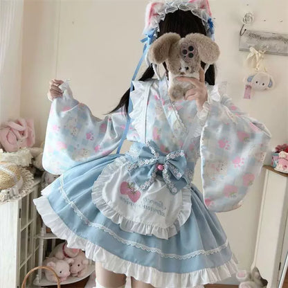 Çilek Desenli Fırfırlı Kimono Elbise
