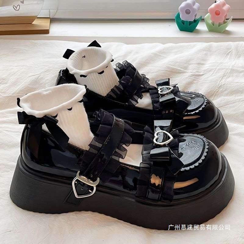 Eprolo thick-soled Mary Jane Lolita shoes with bow detail, black leather with rounded toe and stylish design.