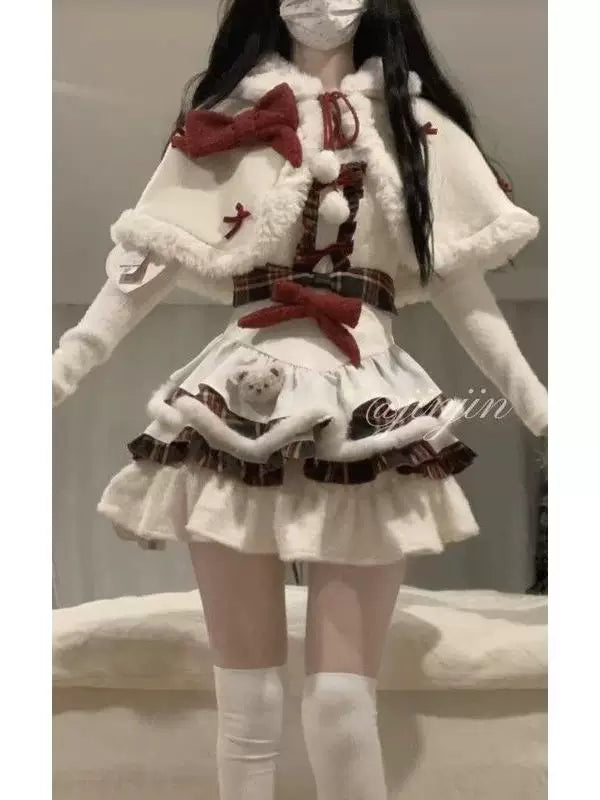 Kürklü Lolita Pelerin & Askılı Elbise Seti (3 Parça) - 5