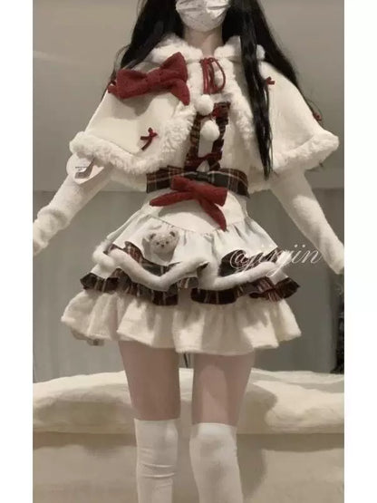 Kürklü Lolita Pelerin & Askılı Elbise Seti (3 Parça) - 5