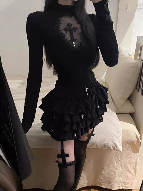 Gotik Haç Detaylı Kat Kat Mini Etek