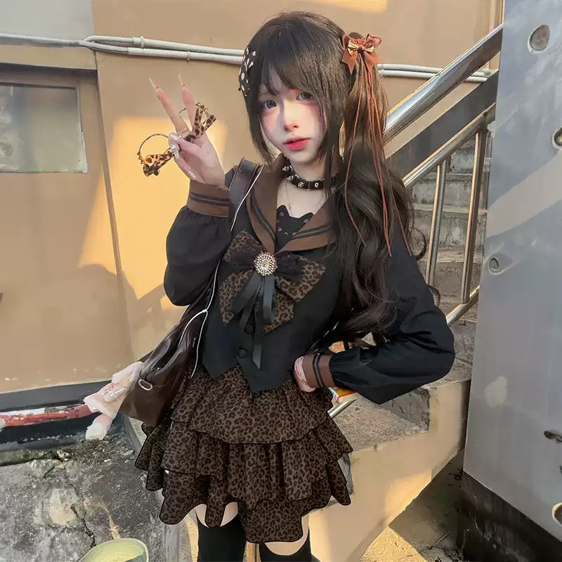 Mocha Leopard Katlı Etek Ve Kurdeleli Takım