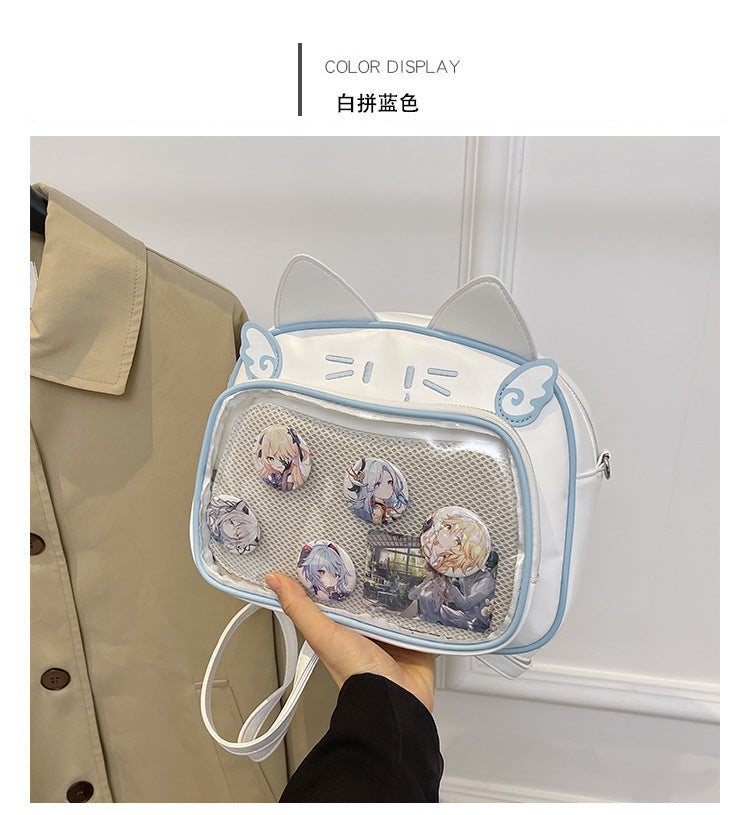 Y2K Kedi figürlü İta eprolo crossbody çanta with adjustable strap and colorful design, featuring a cute cat motif and compact size.