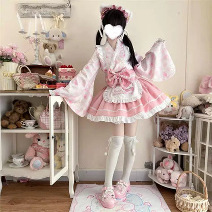 Çilek Desenli Fırfırlı Kimono Elbise
