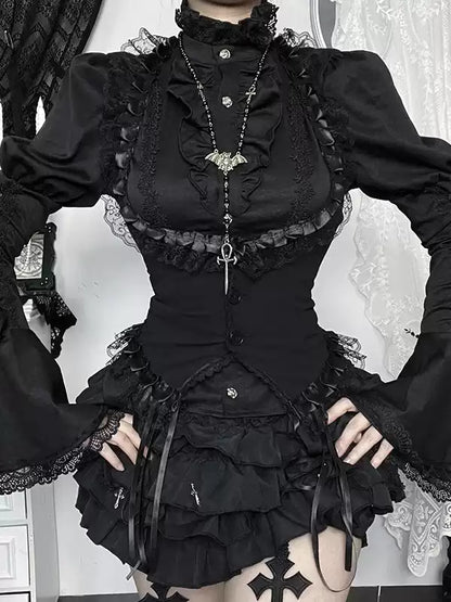 Gotik Dantel Detaylı Üst, Yelek ve Katlı Etek Üçlü Takımı