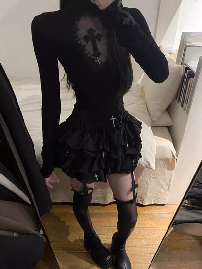 Gotik Haç Detaylı Kat Kat Mini Etek - ürün görseli 2