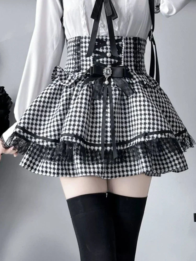 Black vintage Japanese Kareli mini skirt by eprolo, featuring traditional patterns and a stylish, casual design.