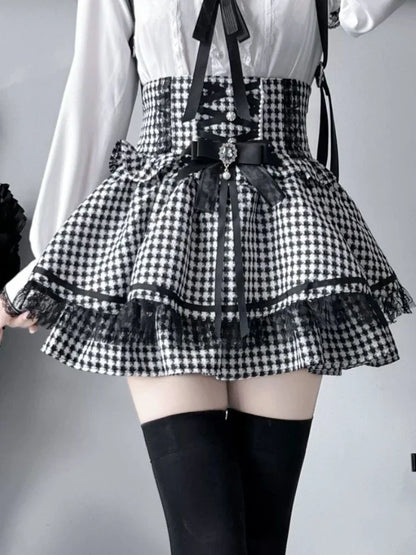 Black vintage Japanese Kareli mini skirt by eprolo, featuring traditional patterns and a stylish, casual design.