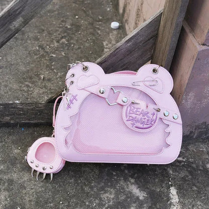 Clear kawaii teddy bear Ita bag by eprolo, featuring a transparent design with cute teddy bear details and adjustable strap.