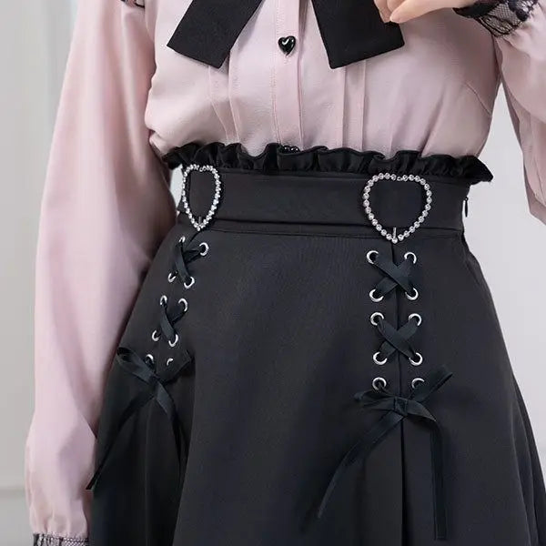 Shadora Jirai Kei red and black Japanese style mini skirt with traditional patterns, close-up view of fabric and design details.