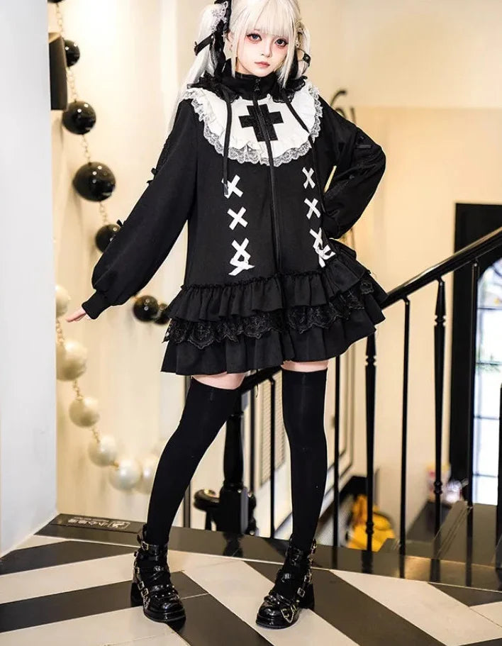 Black Y2K Gothic hooded sweatshirt with long sleeves and Lolita style design, by eprolo, shown on a mannequin.