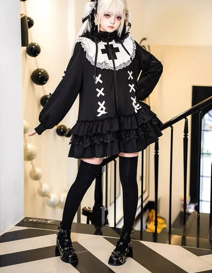 Black Y2K Gothic hooded sweatshirt with long sleeves and Lolita style design, by eprolo, shown on a mannequin.