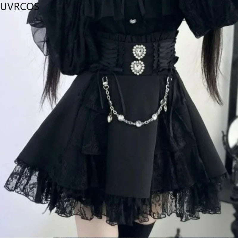 Eprolo Japon Gotik mini etek with lace and gemstone details, Y2K Lolita style, kawaii short skirt featuring gothic fashion elements.