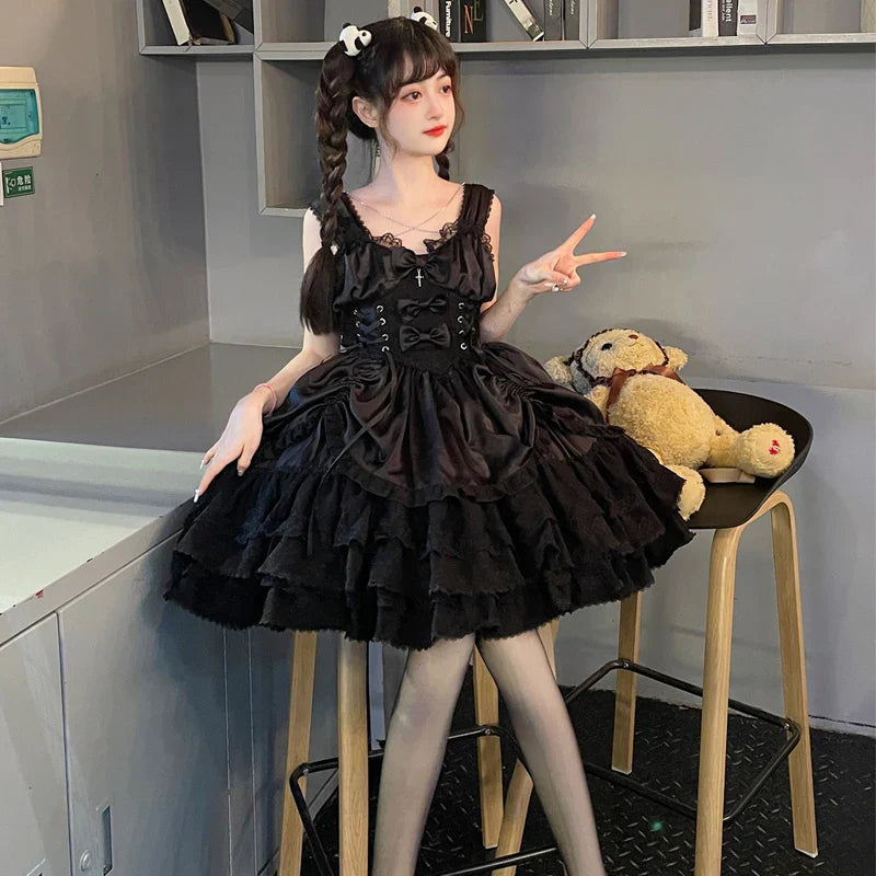 Elegant Lolita Gothic two-piece dress by eprolo featuring dark, Victorian-inspired design with lace and ruffled details.