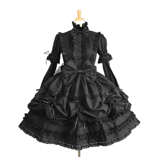 Black Lolita vintage dress with ruffled details, styled in a classic eprolo Fırfırlı Siyah Lolita fashion design, shown on a mannequin.
