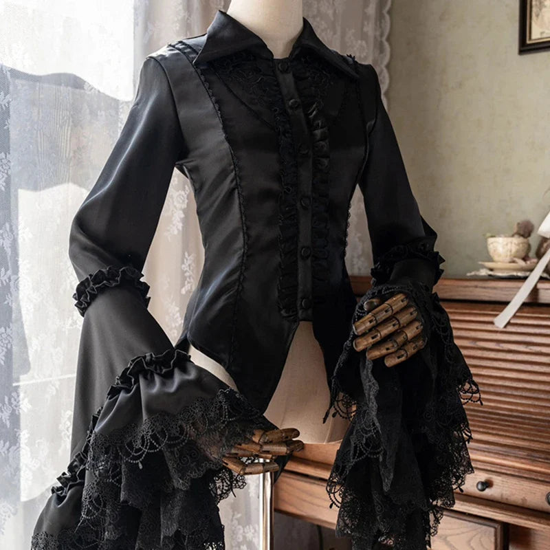 Black Gothic Victorian blouse with lace details and long sleeves, stylish and elegant long-sleeve shirt by eprolo