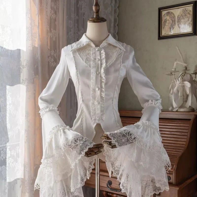 Black Gothic Victorian blouse with lace details and long sleeves, stylish eprolo shirt perfect for gothic fashion.