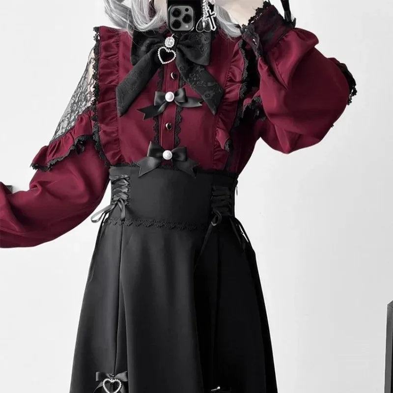 Elegant Jirai Kei Lolita long dress with intricate lace details, featuring a flowing silhouette and delicate design elements.