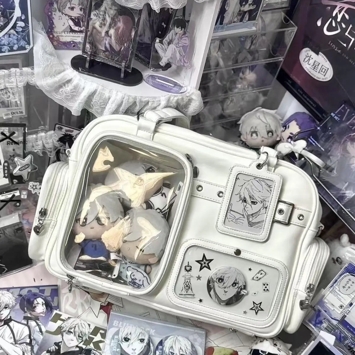 Harajuku 20cm Pin Doll Ita bag by eprolo featuring a colorful pin design on a black fabric tote bag.