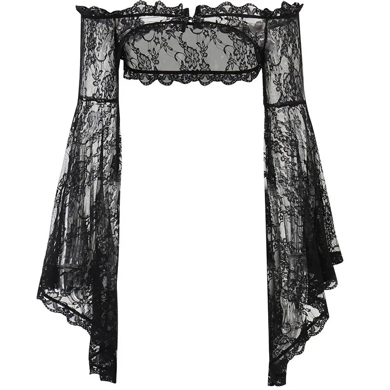 Black gothic lace bolero jacket with intricate dantel design, by eprolo, shown on a plain background.