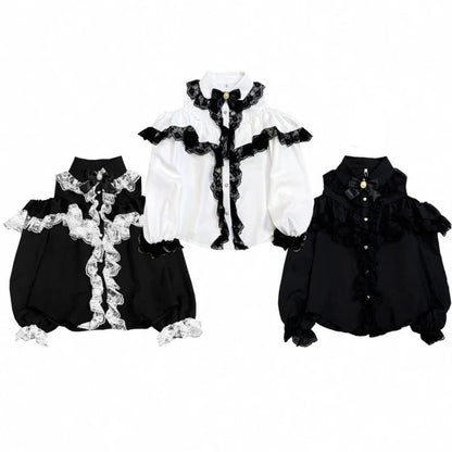 Kawaii bluz with lace details and bow, featuring a cute, feminine style from eprolo. Comfortable and stylish for casual wear.