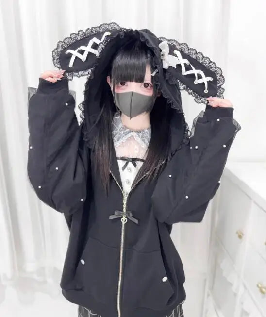 Y2K Tavşan Kulaklı Kawaii hoodie ceket by eprolo featuring plush bunny ears and colorful, playful design.