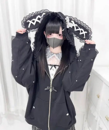 Y2K Tavşan Kulaklı Kawaii hoodie ceket by eprolo featuring plush bunny ears and colorful, playful design.