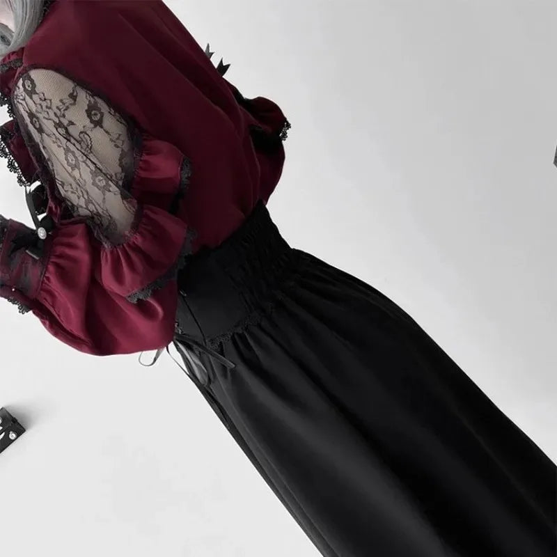 Eprolo Bordo dantel detaylı Jirai Kei lolita uzun elbise with intricate lace accents and elegant design.