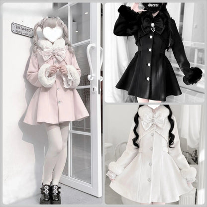 Eprolo plush collar winter Japanese coat with warm fur lining, black color, front buttons, suitable for cold weather.