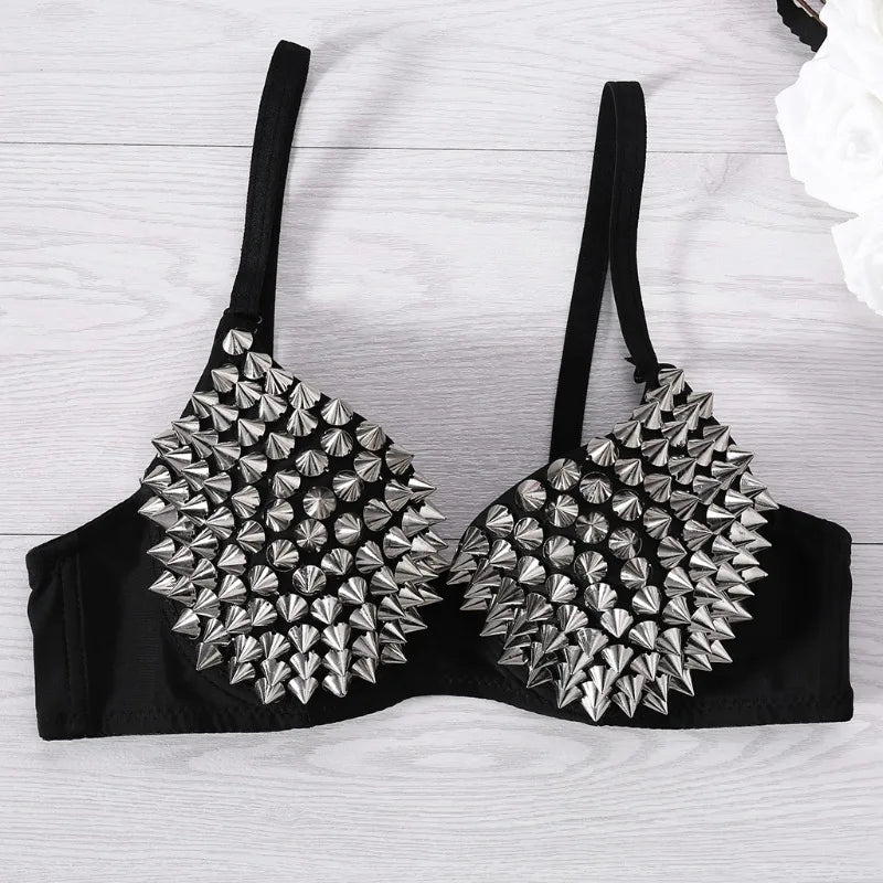 Black gothic spike-detail bra from eprolo featuring edgy spike accents and lace detailing, designed for bold, alternative fashion styles.