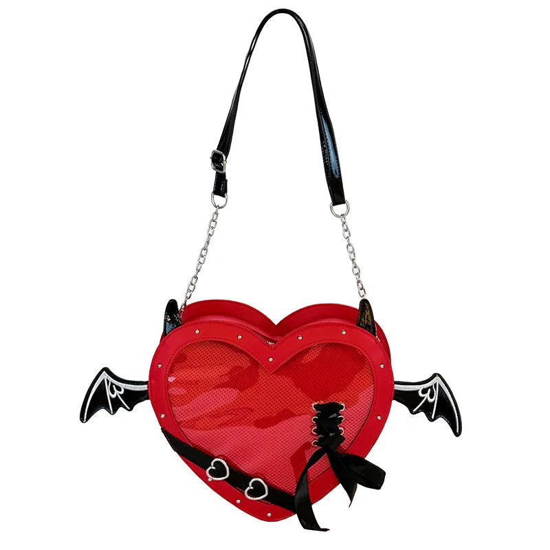Eprolo Kalp Yarasa Ita Çanta with black and white bat and heart design, made of durable fabric, featuring adjustable shoulder straps.