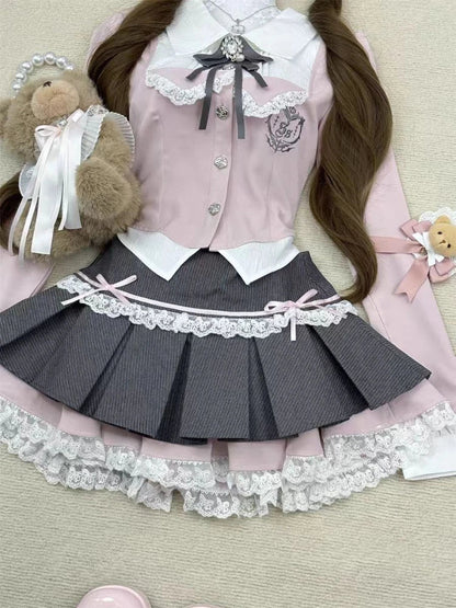 Eprolo long-sleeve blouse and mini skirt set with lace details, stylish and elegant fashion ensemble for women.