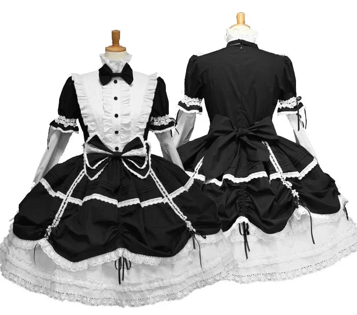 Black Lolita vintage dress with ruffled details, featuring a classic fit and elegant design, perfect for vintage fashion styles.