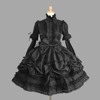 Black vintage Lolita dress with ruffled details from eprolo, featuring a classic, elegant design and intricate lace accents.