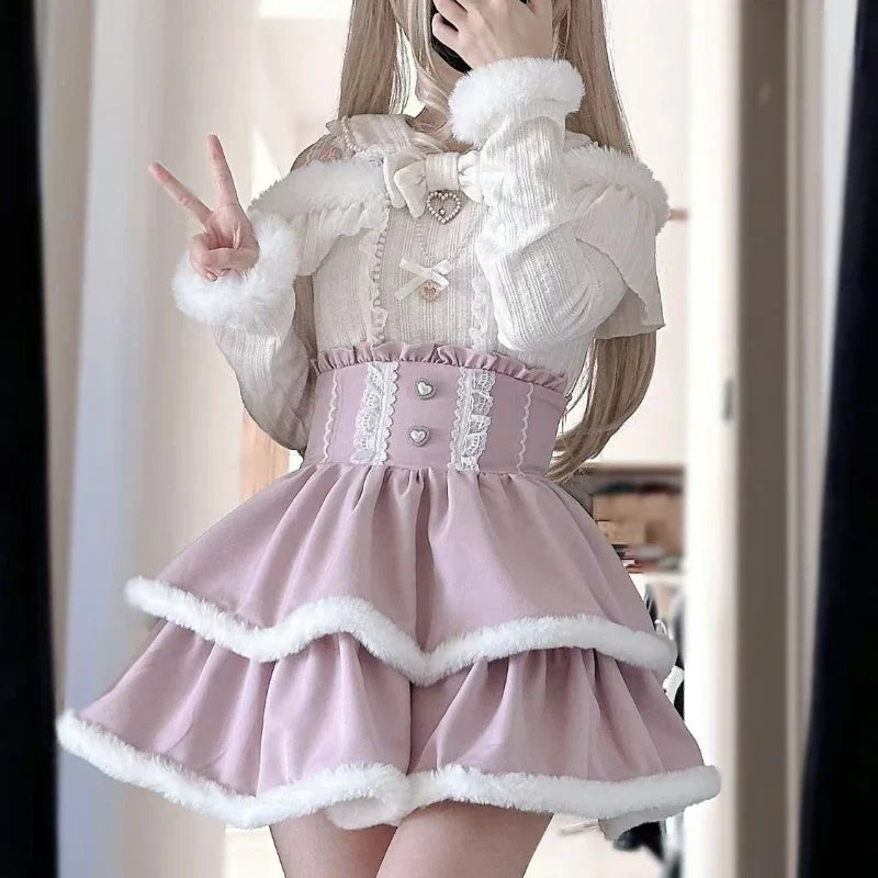 Eprolo Japon Stil Lolita mini skirt with lace and bow, paired with a matching blouse, featuring detailed ruffles and delicate fabric.