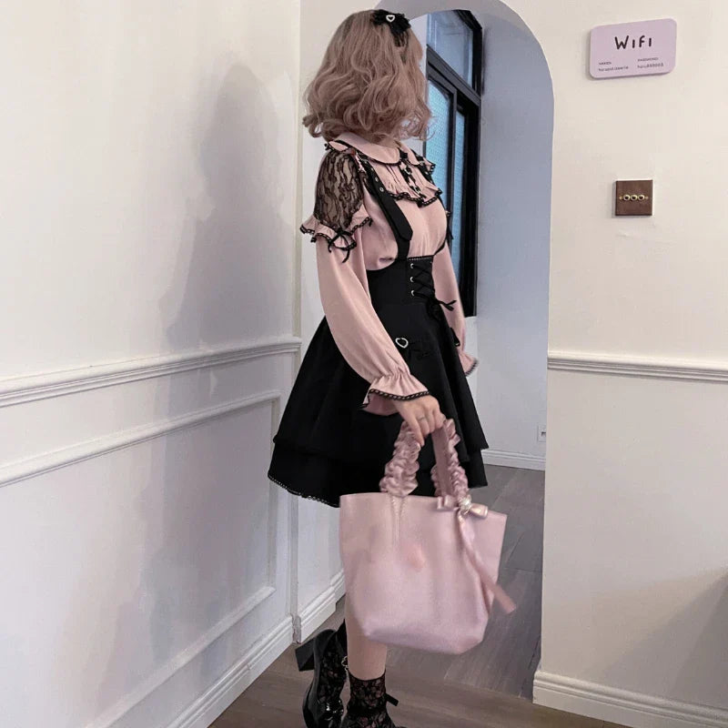 Pembe Siyah Fırfırlı Zarif Lolita Bluz & Etek Seti