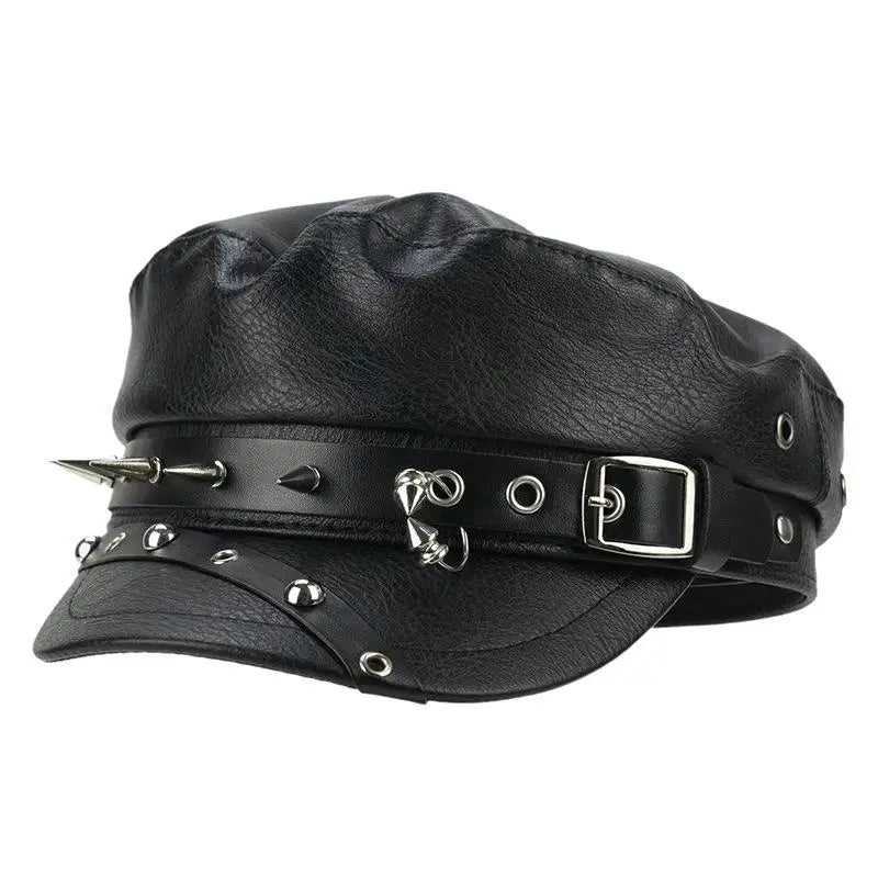 Vintage black leather grunge cap by eprolo featuring a stylish, distressed design and classic brim, perfect for casual wear.
