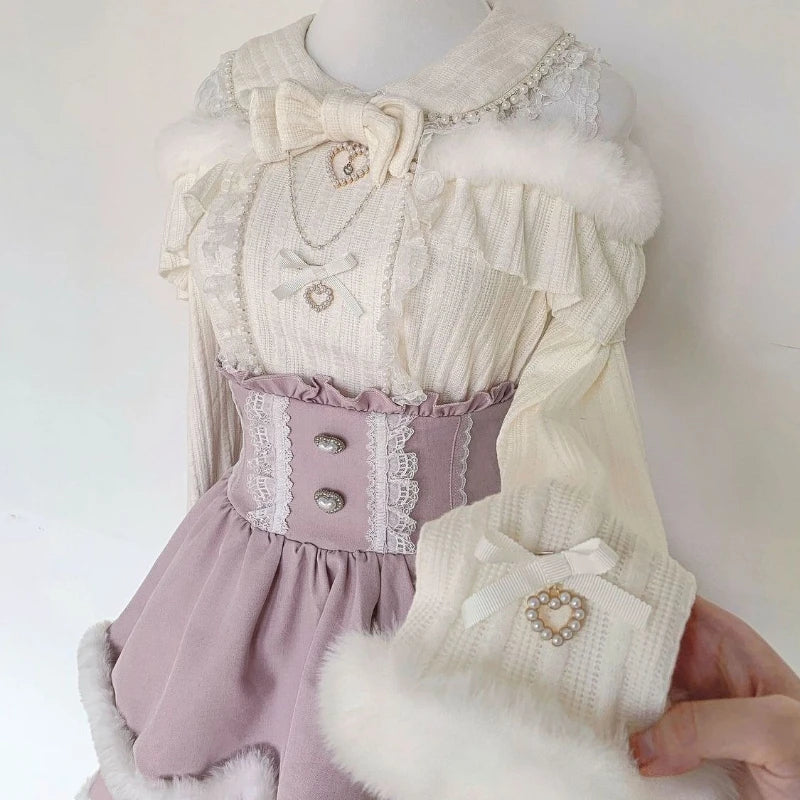 Eprolo Japon Stil Lolita mini skirt with lace and bow detail paired with matching blouse, showcasing elegant, vintage-inspired fashion.