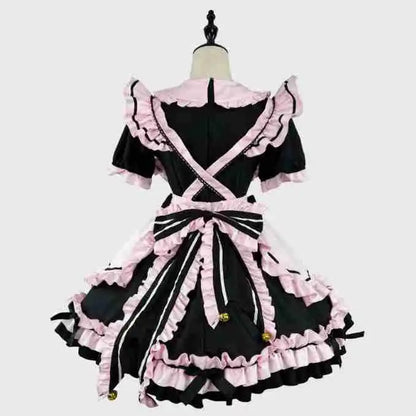 Kawaii maid cosplay dress by eprolo featuring a black and white French maid style with lace details and a bow.