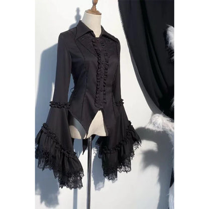 Black Gothic Victorian blouse with lace details and long sleeves, stylish eprolo long-sleeve shirt for gothic fashion.