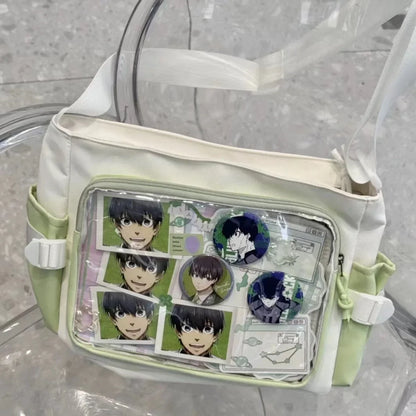 Transparent Ita-style bag by eprolo featuring a sleek, clear design with black accents and adjustable straps.