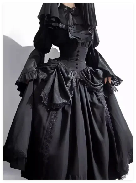 Victorian black gothic dress with ruffled details from Kat Kat Fırfırlı collection, styled with lace and elegant design.