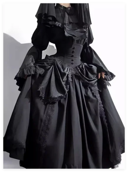 Victorian black gothic dress with ruffled details from Kat Kat Fırfırlı collection, styled with lace and elegant design.
