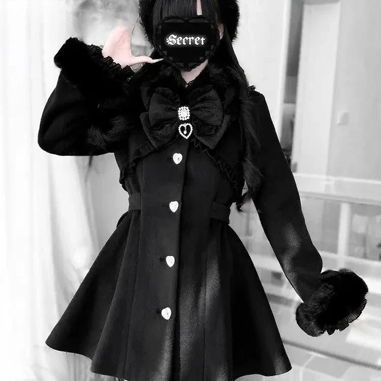 Eprolo winter Japanese coat with faux fur collar, stylish warm outerwear, dark color, shown on a model.