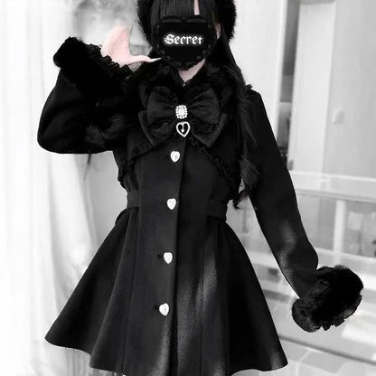 Eprolo winter Japanese coat with faux fur collar, stylish warm outerwear, dark color, shown on a model.